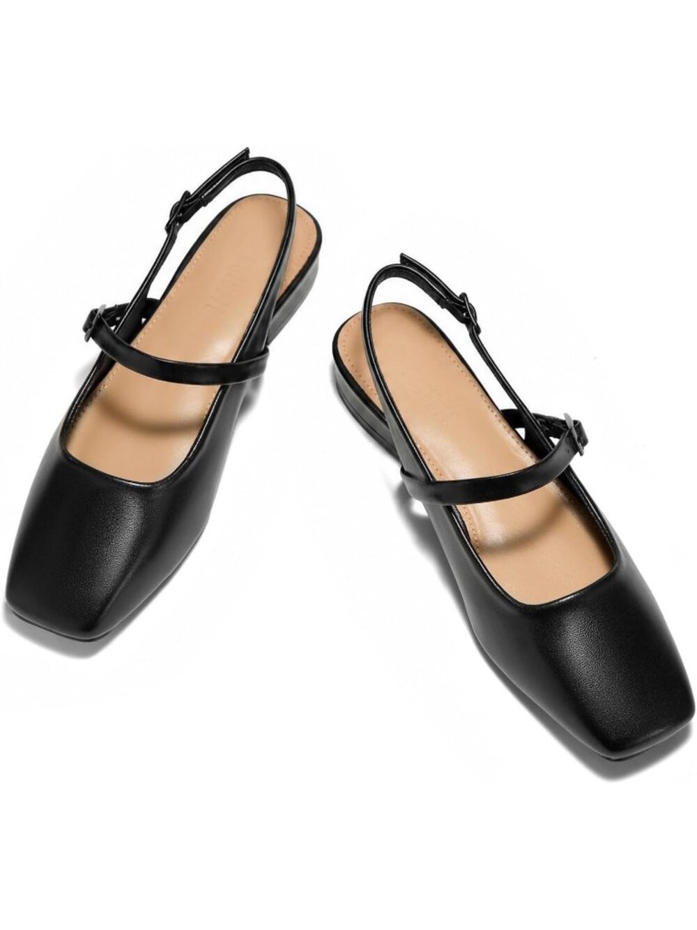 Women's Black Slingback Lambskin Insole Square Toe Mules Slip On Flats Shoes